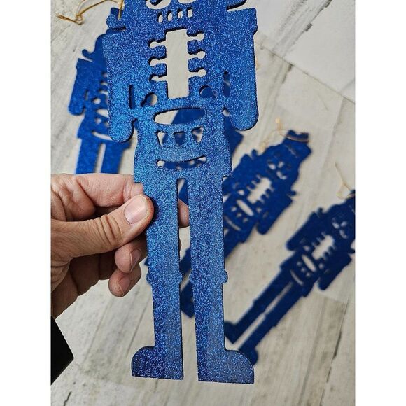 Large blue glitter nutcracker ornament soldier vintage Xmas set - Picture 6 of 7